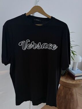 Versace Black Crewneck T-Shirt with Embroidered Logo Script